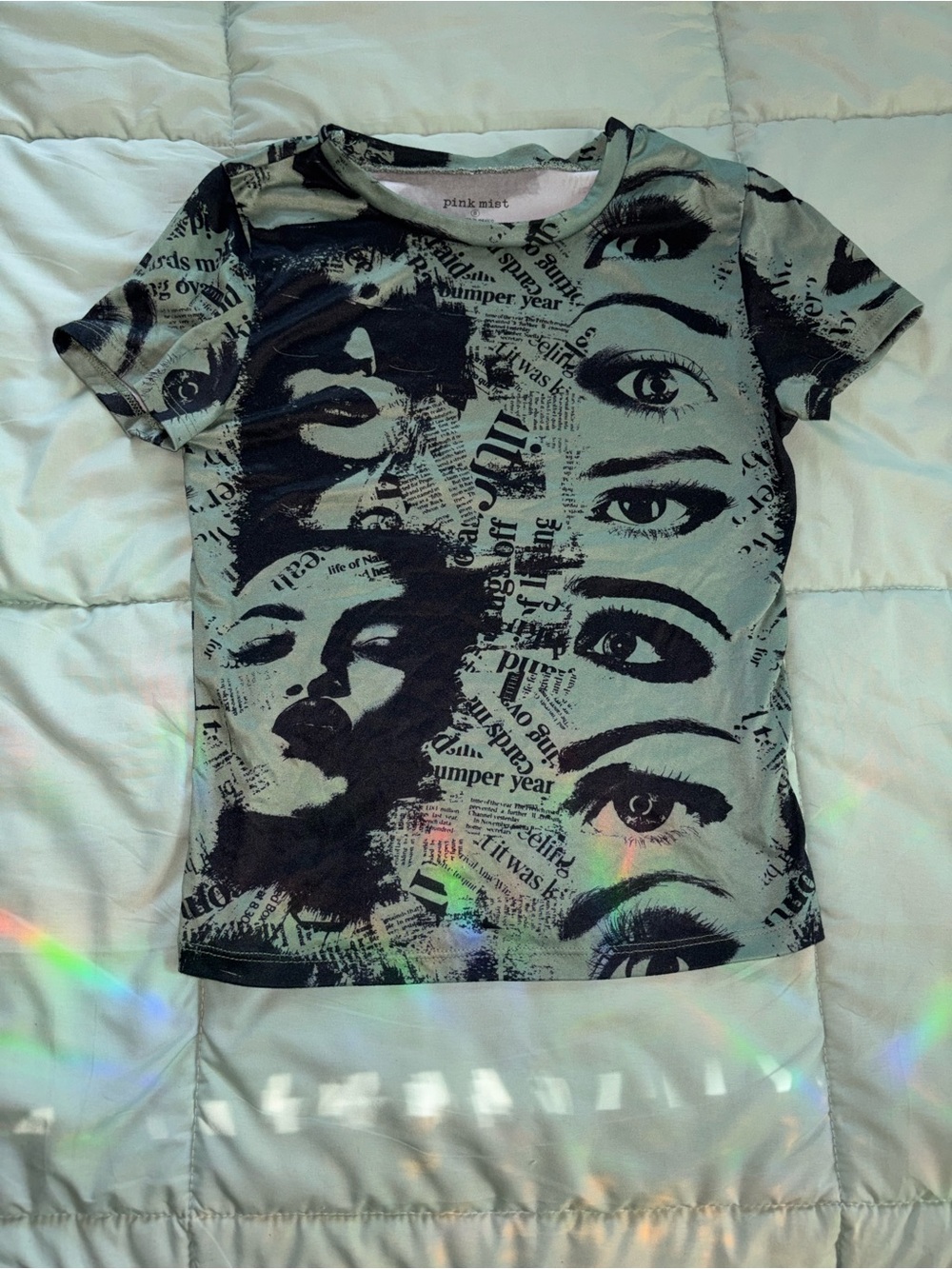 Green and Black Graphic Eye & Face Print Tee
